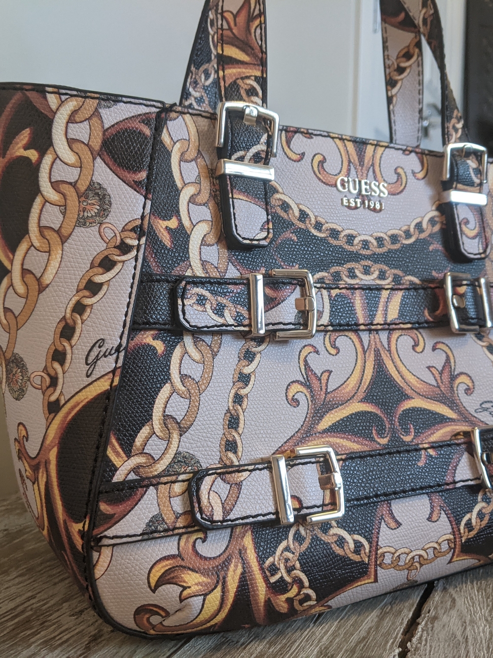 GUESS Chain-Print Handbag in Black, White & Gold